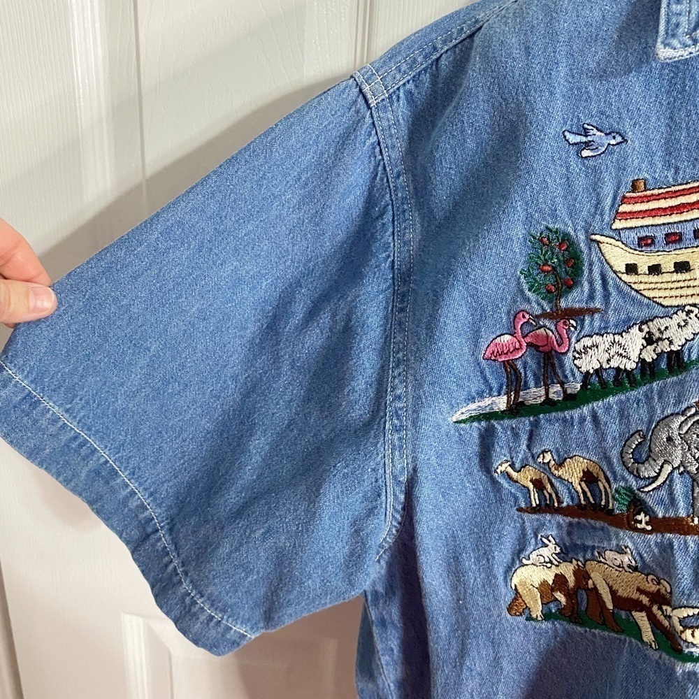 Let's Quiz Again 90’s Denim Noah's Ark Embroidered‎ Jungle Animals Jeans Shirt - Picture 4 of 9